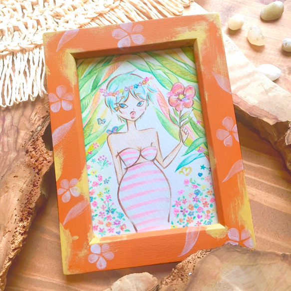 木製フォトフレーム L版 花柄ペイント Orange Sunshine / 壁掛け 卓上