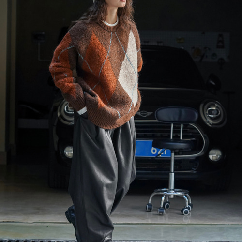 ヴィンテージ ひし形柄 3色パッチワーク ラウンドネック ゆったり