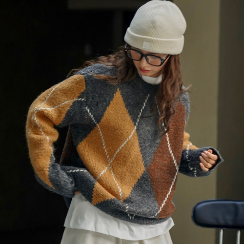 ヴィンテージ ひし形柄 3色パッチワーク ラウンドネック ゆったり