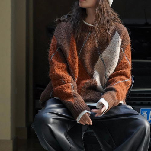 ヴィンテージ ひし形柄 3色パッチワーク ラウンドネック ゆったり