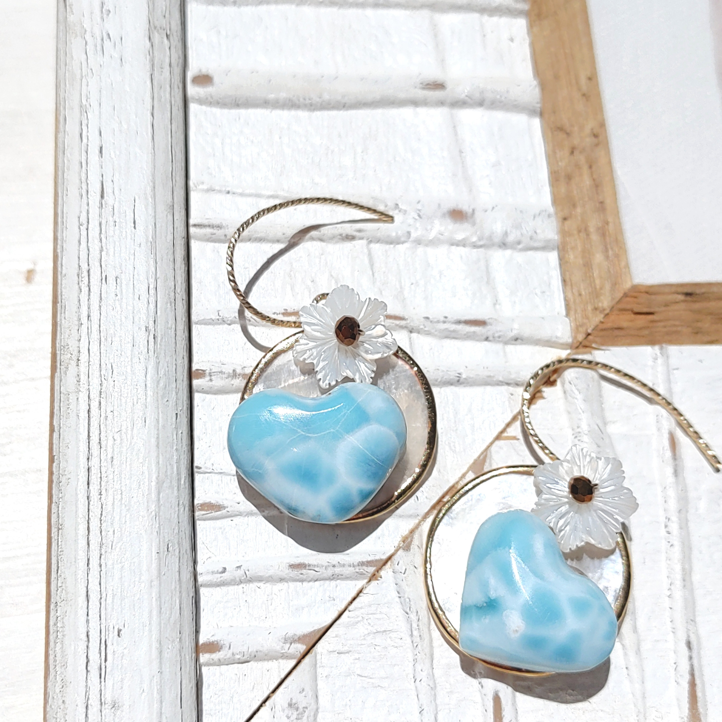 ❁Larimar love flower earrings 14kgf❁可愛いハートラリマー