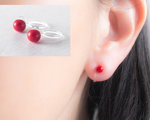 珊瑚　イヤリング　新品！ 赤珊瑚のシンプルひとつぶイヤリング(ノンホールピアス) イヤリング