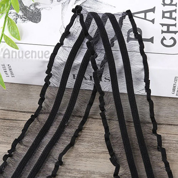 ストレッチ ストライプ フリル リボン（Black / ブラック）50mm×1m  