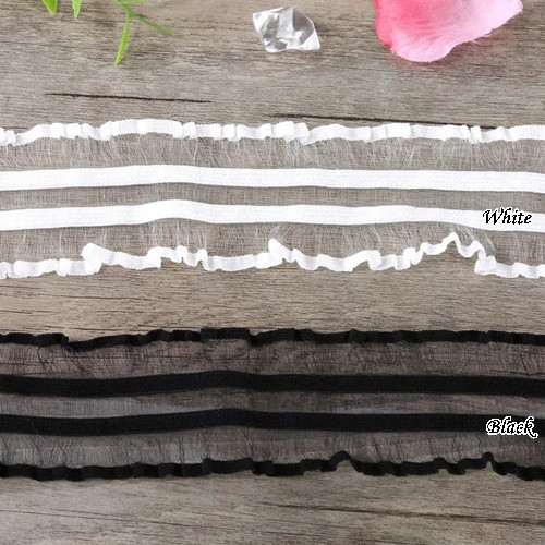 ストレッチ ストライプ フリル リボン（Black / ブラック）50mm×1m  