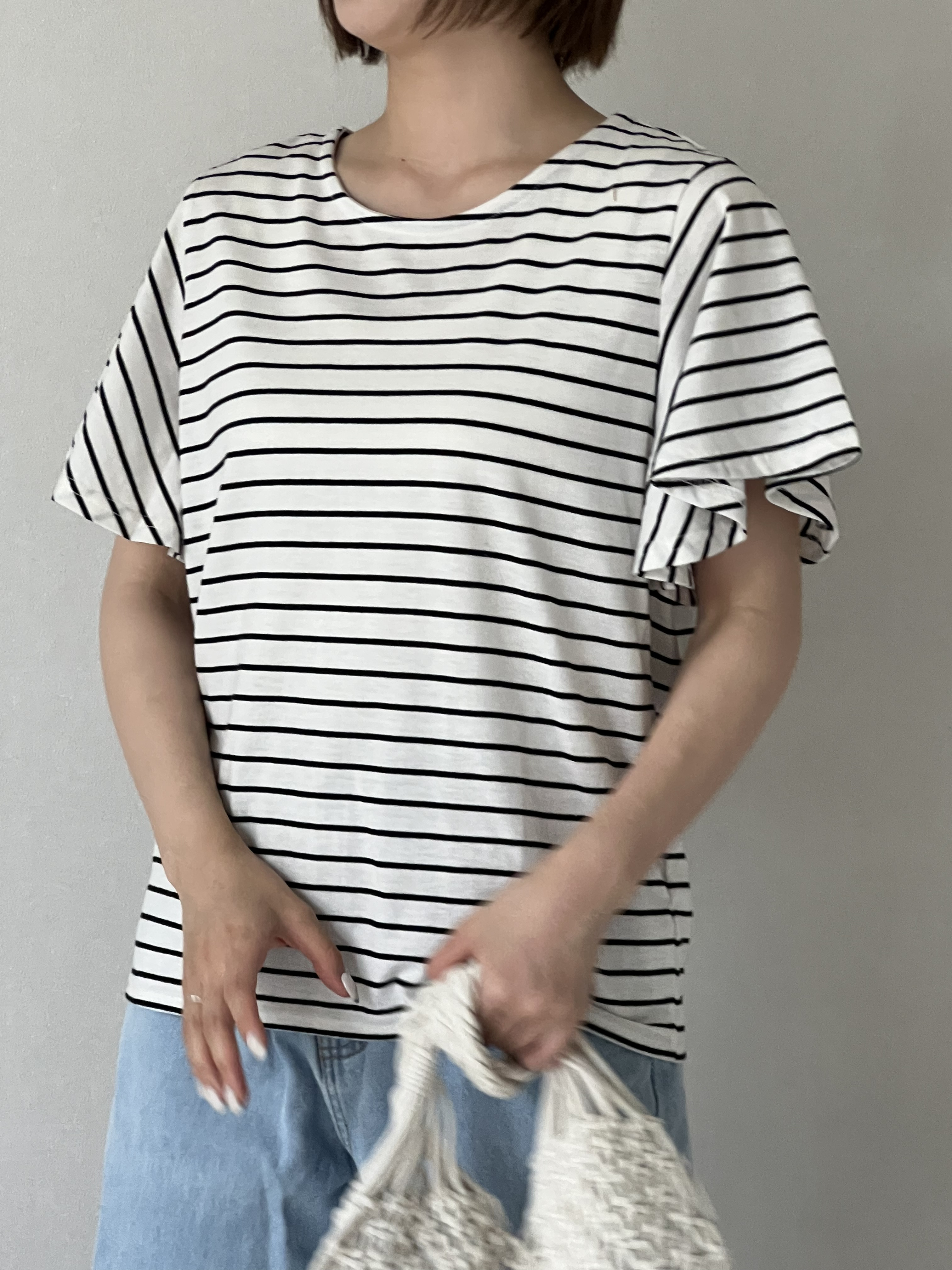 【新送０】ボーダーでフリル袖♪華奢見えな使えるTシャツ【ボーダーフリル袖tops】