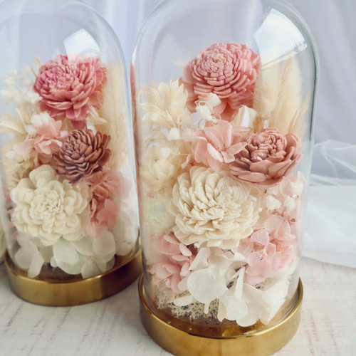 仏花　プリザーブドフラワー　一対　ガラスドーム（M）　自然素材のみ 楽天市場】プリザーブドフラワー 仏花 ガラスドーム 一対 大きめ