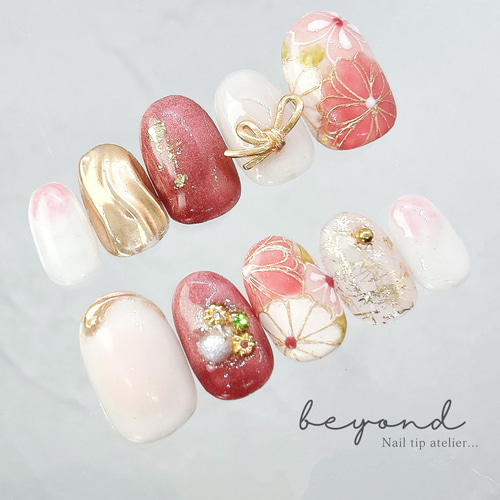 ✿和柄フラワーデザイン 和花/和柄ネイル・振袖ネイルチップ/サイズ