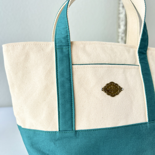 エレガントな帆布のトートバッグ・ブルーグリーン/Sサイズ