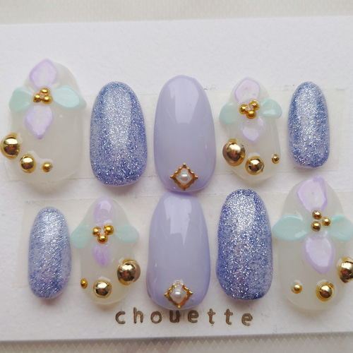 限定1つ限り】ネイルチップつけ爪 紫陽花アート梅雨ネイル 限定1つ限り】ネイルチップつけ爪 紫陽花アート梅雨ネイル