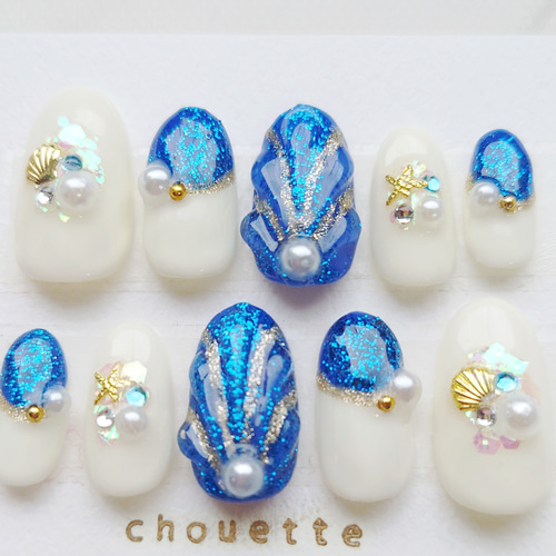 ネイルチップつけ爪 人魚の鱗ネイル シェル貝殻 夏 Summer 祭 ワンホン