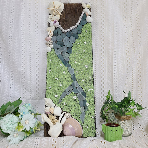 人魚姫~mermaid~〉貝殻アートボード*シーグラスアート*お庭 人魚姫~mermaid~〉貝殻アートボード*シーグラスアート*お庭