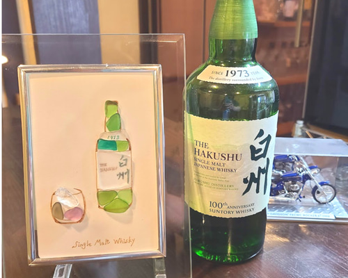 ウイスキー＊貴重なシングルモルト〉シーグラスアート＊ガラスフレーム