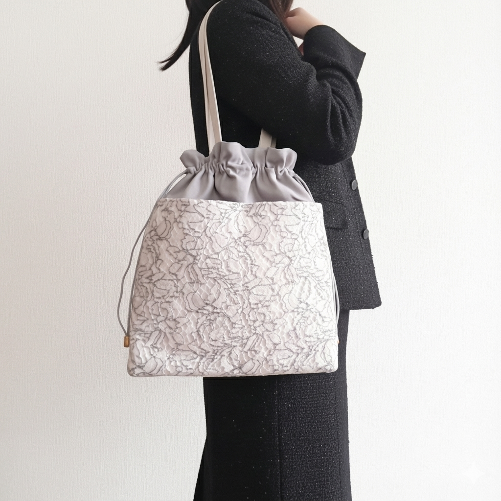 レースと帆布の 巾着バッグ　A4　巾着トートバッグ　外ポケット付き　アイボリー　グレー　2way