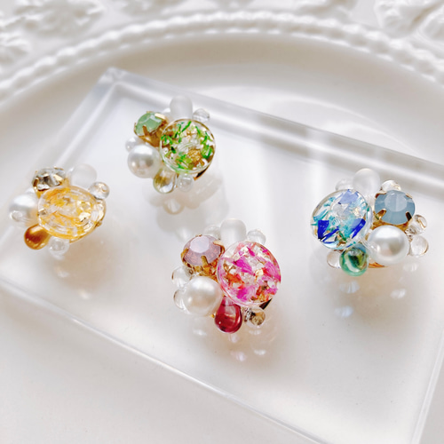 バンスクリップ 大きめ リボン レジン かすみ草 緑 上品 ドライ 