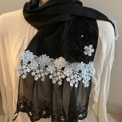 クールストール黒チュールレースケミカルフラワーブルーモチーフ  