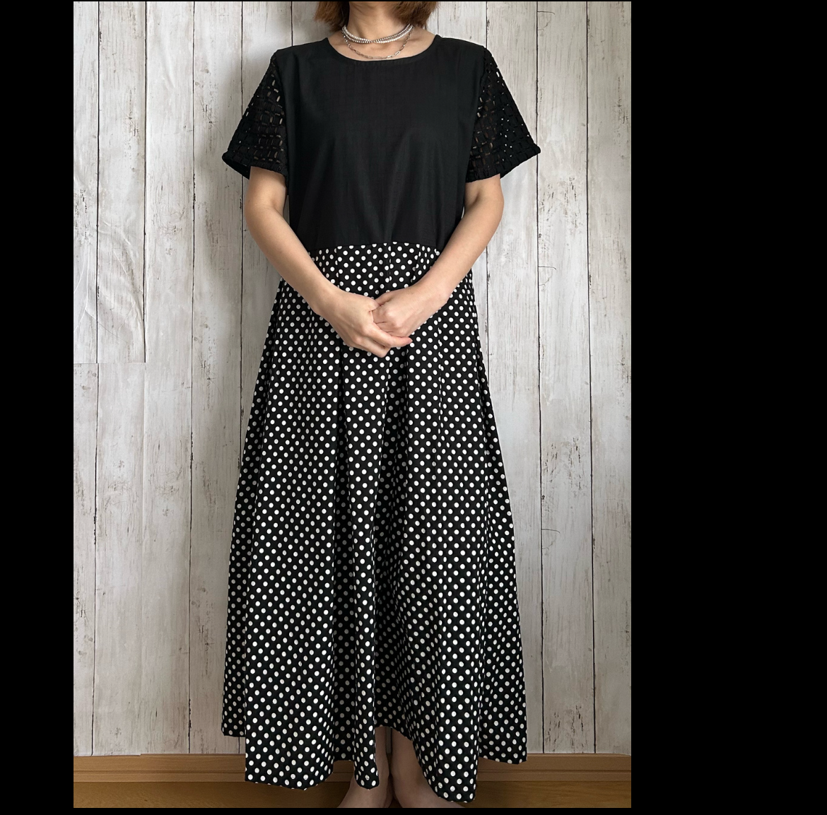 黒cotton切替水玉cottonタック入りロングワンピース122cm