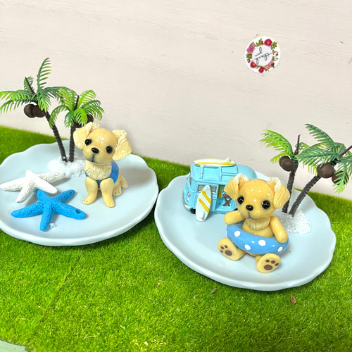 多肉植物寄せ植え〜樹脂粘土(犬の置物)(粘土細工)(レジン