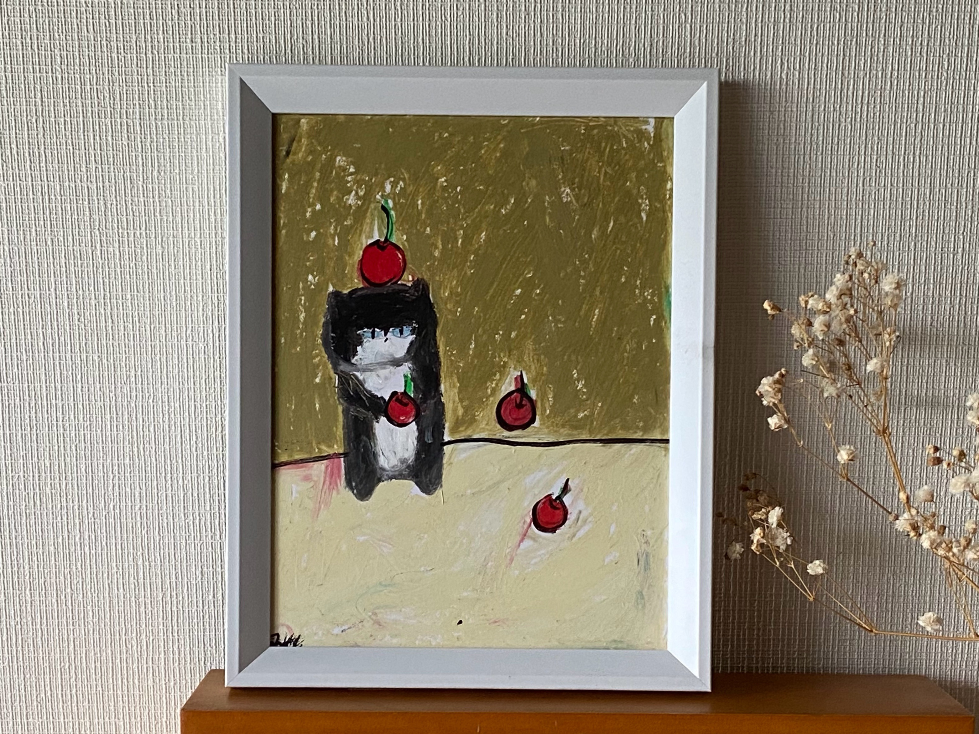 絵画。原画【かわいい黒猫がさくらんぼのゲームをしている