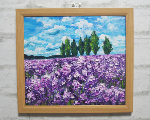 油絵 絵画【ラベンダー】 油絵 油彩 油彩画 絵 絵画【ラベンダー畑に立つ一本木