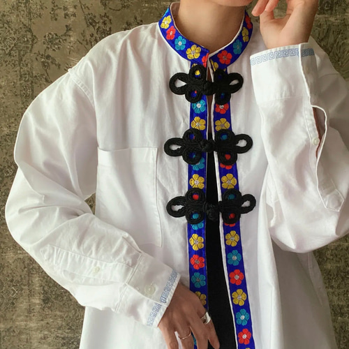 ヴィンテージ レトロ古着 リーフ刺繍チャイナボタンブラウス バンドカラー グレー No.613コットン綿バンドカラーノーカラーシャツブラウスチャイナシャツ
