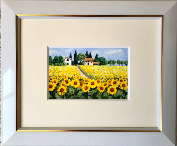 アクリル画　原画　「ひまわりの咲く丘」　25cm角　キャンバス　風景画 アクリル画原画「ひまわりの咲く丘」25cm角キャンバス風景画