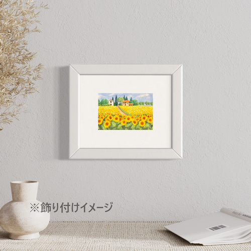 透明水彩画　原画　「ひまわり畑01」額縁付　SMサイズ　風景画 ひまわり畑」透明水彩画 原画 風景画 額縁付 SMサイズ 絵画 Oni