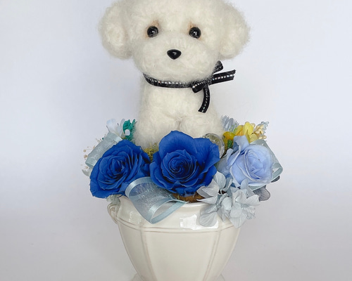 トイプードル（白）のプリザーブドフラワーアレンジメント ブルー 犬
