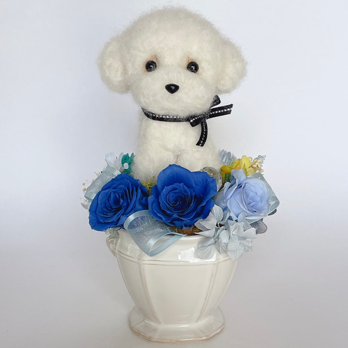 トイプードル（白）のプリザーブドフラワーアレンジメント ブルー 犬