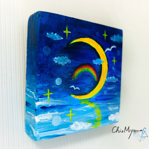 原画【月の輝き】 抽象画 月 moon 三日月 ブルー 青 おしゃれ