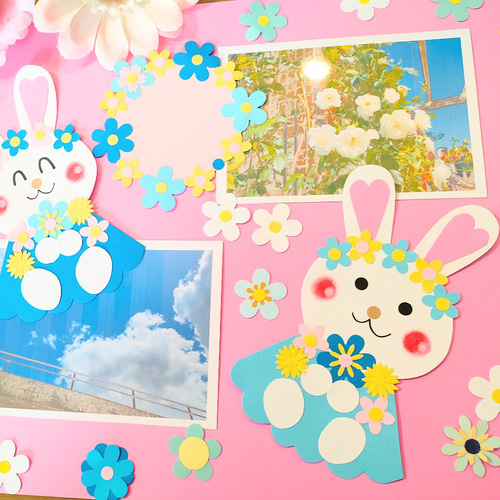ラミネート可 ～お花畑のウサギさん 爽やかな青～ 画用紙 色紙 壁面