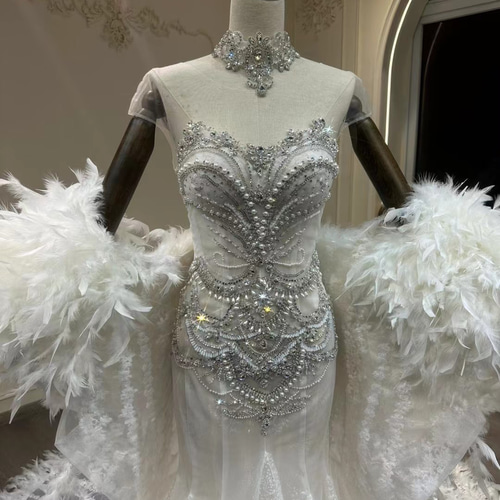 豪華！スパンデックス 白い マーメイドドレスキラキラ 取り外し可能