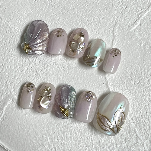 No.335 ネイルチップ グレー シェル オーロラ キラキラ マグネット