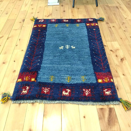 特価25％OFF】ペルシャ ギャッベ 玄関マット 88x60cm 青 ネイビー 生命