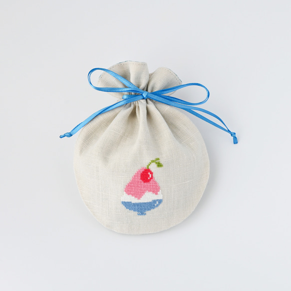 かき氷リネンまる巾着 ミニ 夏の定番をワンポイント刺繍 クロス