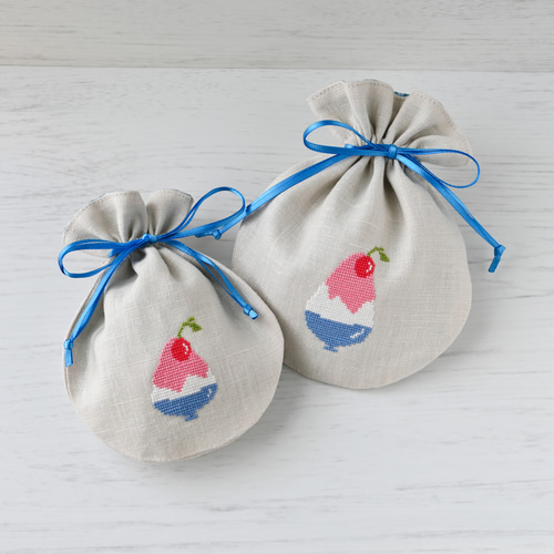 かき氷リネンまる巾着 ミニ 夏の定番をワンポイント刺繍 クロス