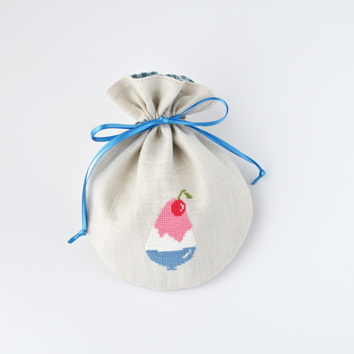 かき氷リネンまる巾着 夏の定番をワンポイント刺繍 クロスステッチ