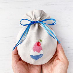 かき氷リネンまる巾着 夏の定番をワンポイント刺繍 クロスステッチ