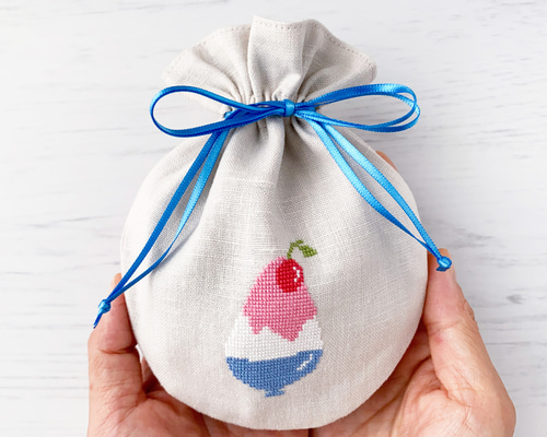 かき氷リネンまる巾着 夏の定番をワンポイント刺繍 クロスステッチ