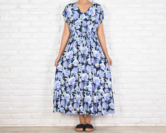 夏柄！スターフィッシュ＆シェル柄Vネックフリルワンピース マリン 海