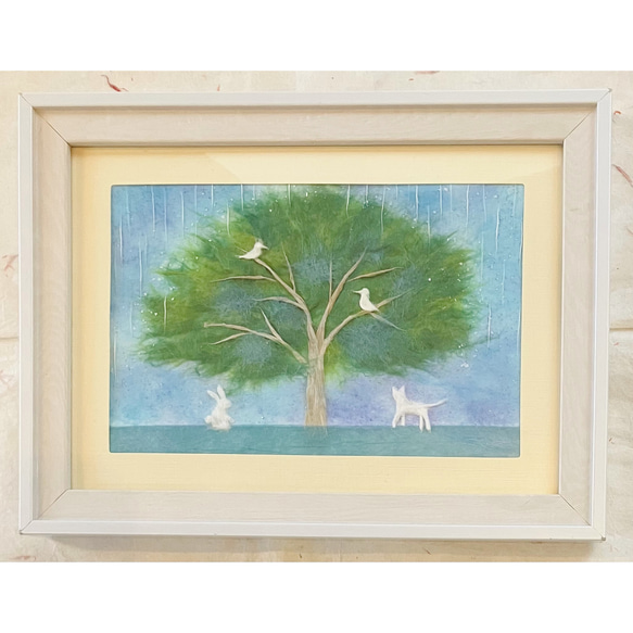 和紙ちぎり絵『動物たちの雨宿り』葉書サイズ原画 絵画 彩紘工房