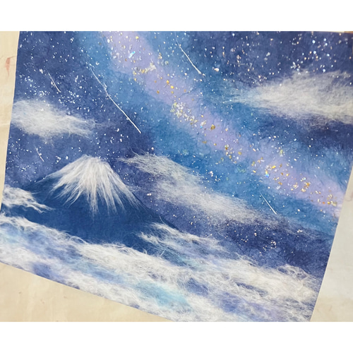 和紙ちぎり絵『キラキラ天の川と富士山』葉書サイズ原画 絵画 彩