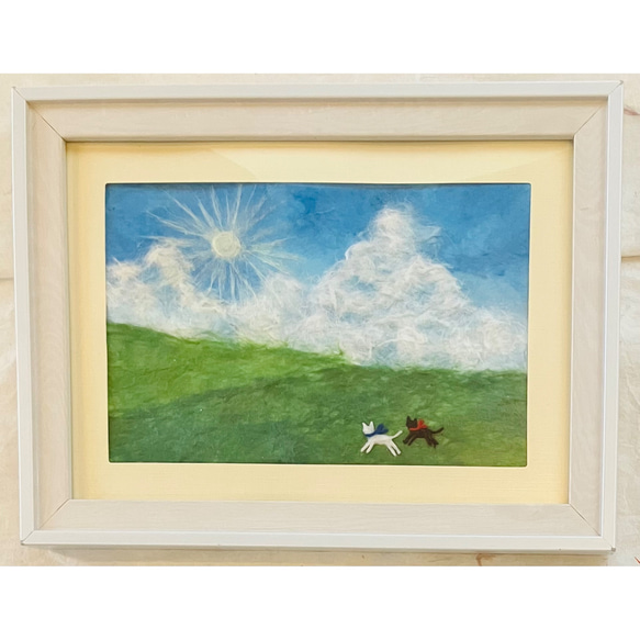 和紙ちぎり絵『野原をかける黒猫白猫』葉書サイズ原画 絵画 彩紘工房