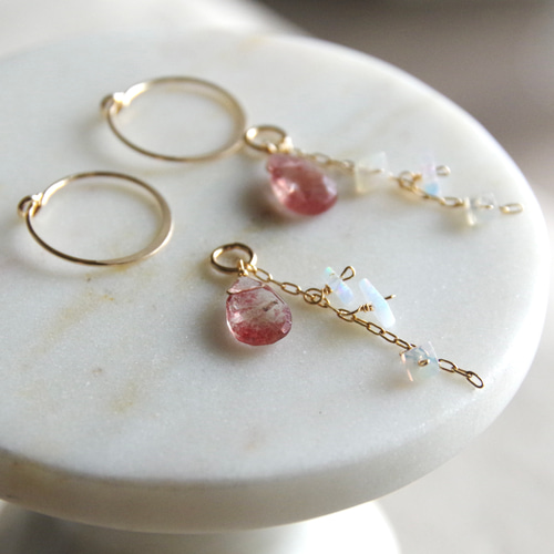 14kgf *ローズクォーツ×あこや真珠×アンデシン【ピアス・イヤリング用 