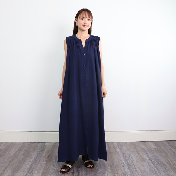 【再販開始！！】サラッと着れる コットン ダブルガーゼ ノースリーブシャツワンピース　ネイビー　0696NV 3枚目の画像