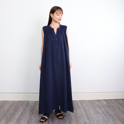 【再販開始！！】サラッと着れる コットン ダブルガーゼ ノースリーブシャツワンピース　ネイビー　0696NV 2枚目の画像