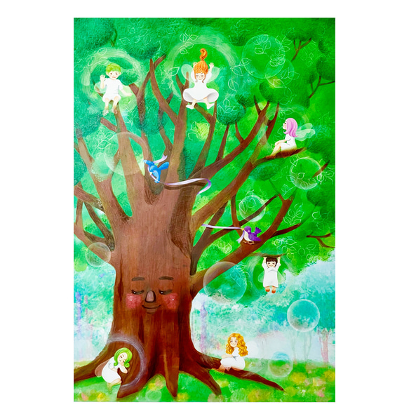大きな木と６人の妖精／photoshop＆色鉛筆 