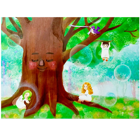 大きな木と６人の妖精／photoshop＆色鉛筆 