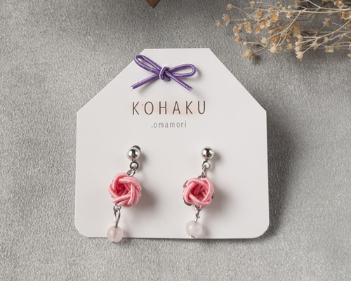 恋愛成就の守り】ピンク水引×ローズクォーツ ピアス/イヤリング 10月