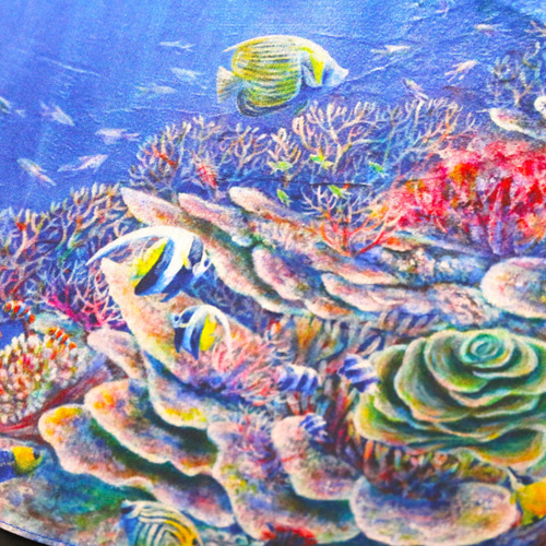 絵画をそのままプリントした綿100％大判ハンカチ「サンゴ礁の海