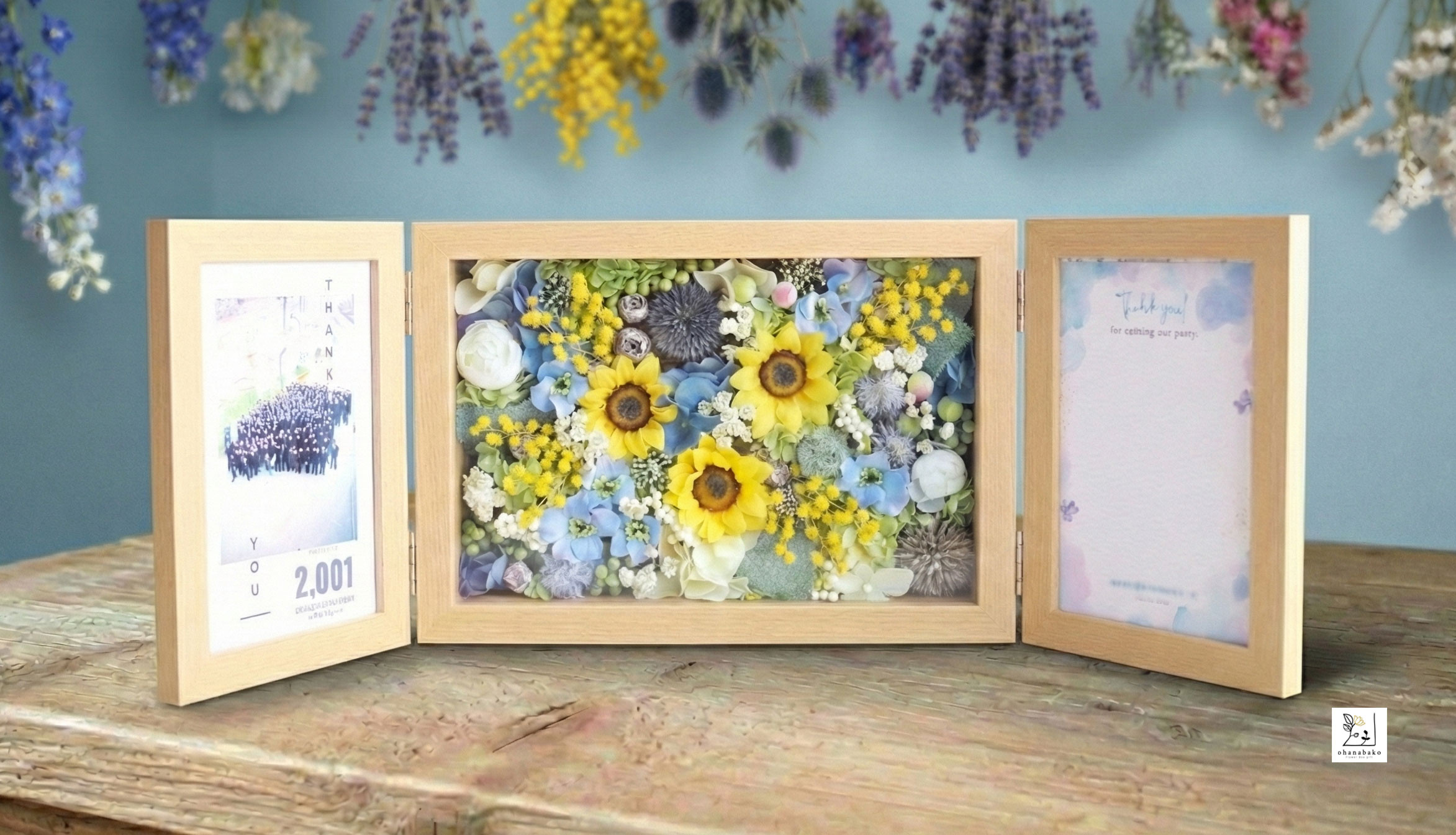 《写真入れ替えOK◎誕生日/結婚祝い》ヒマワリ入りプリザーブドフラワーとアーティフィシャフラワーのダブルフォトボックス